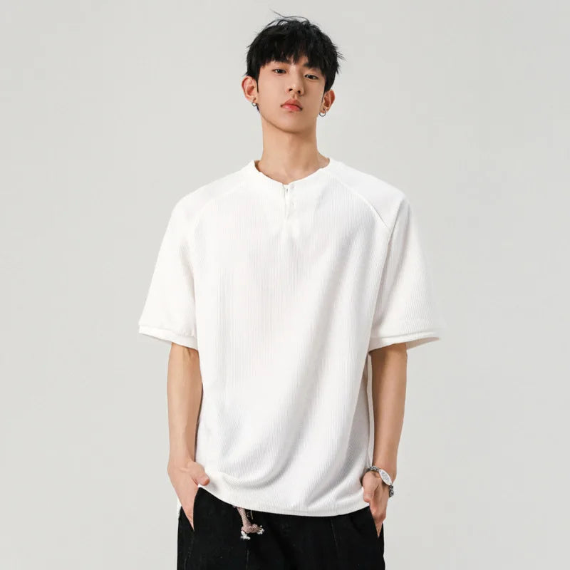 Male T-shirts New Korean Style O-neck Solid Color Buttons Short Sleeved Tops Men's Pullover Tees Summer Simple 2025 9W1249