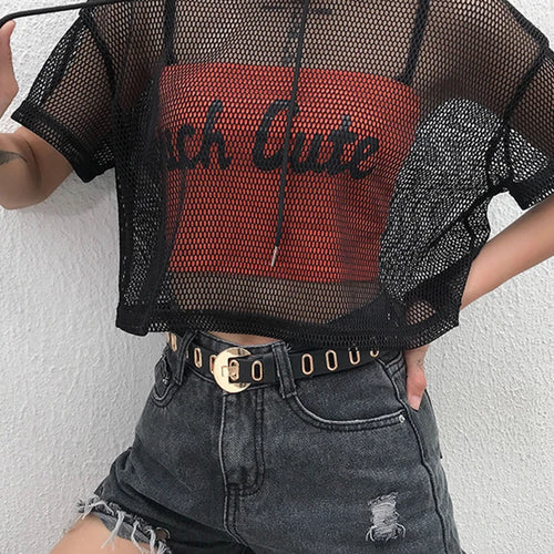 Load image into Gallery viewer, Womens Hollow Mesh Net Hooded T-Shirt Short Sleeve Tee Tops Transparent Black Swxy Clubwear Party
