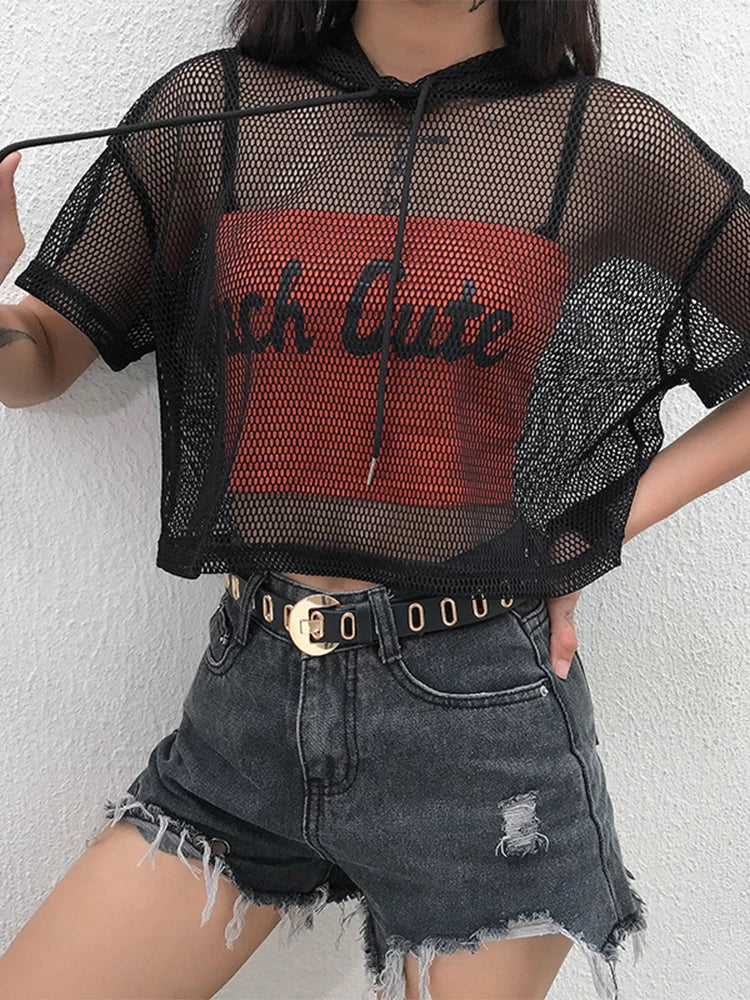 Womens Hollow Mesh Net Hooded T-Shirt Short Sleeve Tee Tops Transparent Black Swxy Clubwear Party