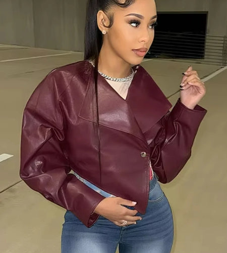 Classic Hipster Crop Jacket Women Irregular Single Buckle Button Faux Leather Autumn Wild Sexy Basic Cross Neck Coat