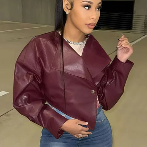 Load image into Gallery viewer, Classic Hipster Crop Jacket Women Irregular Single Buckle Button Faux Leather Autumn Wild Sexy Basic Cross Neck Coat
