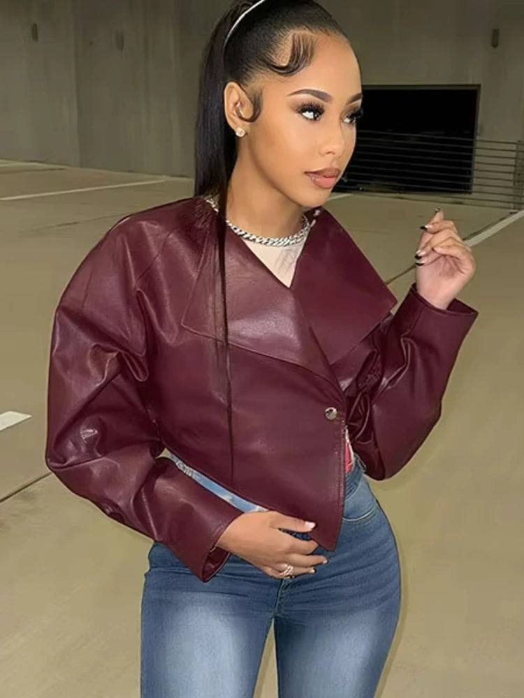 Classic Hipster Crop Jacket Women Irregular Single Buckle Button Faux Leather Autumn Wild Sexy Basic Cross Neck Coat