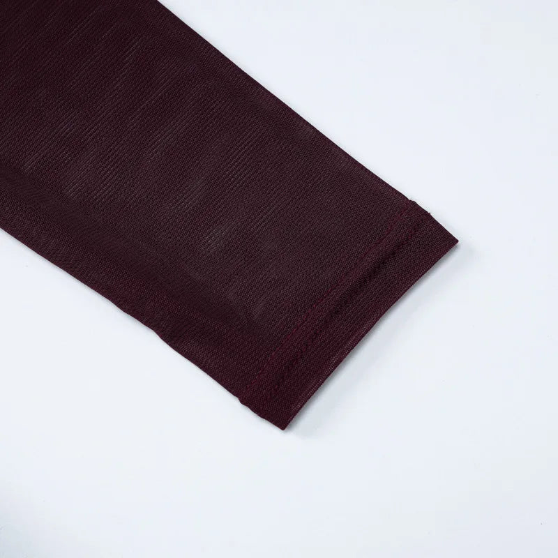 Elegant Hollow Out Sexy Mini Dress For Women Wine Red O Neck Sheer Long Sleeve Bodycon Club Party Sexy Dress Vestidos