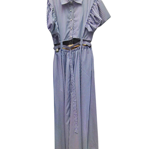 Load image into Gallery viewer, Hit Color Hollow Out Spliced Striped Fashion Dresses for Women Lapel Short Sleeves Patchwork Button Dress Female
