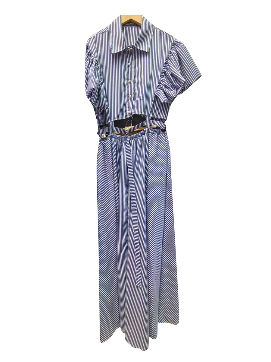 Hit Color Hollow Out Spliced Striped Fashion Dresses for Women Lapel Short Sleeves Patchwork Button Dress Female