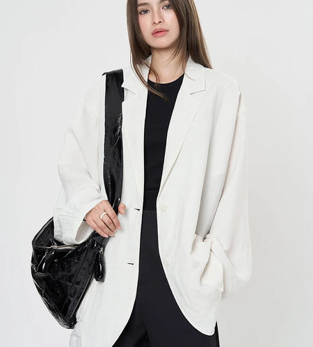 Women Blue Linen Pocket Big Size Elegant Blazer New Lapel Long Sleeve Jacket Fashion Tide Spring Autumn 2025 1DJ0372