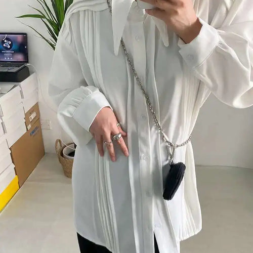 Load image into Gallery viewer, Women White Pleated Big Size Elegant Blouse New Lapel Long Sleeve Loose Fit Shirt Fashion Tide Spring Autumn 2025 1DF0359
