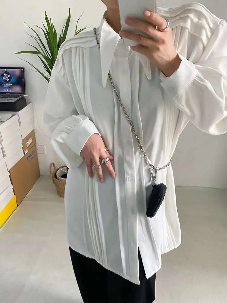 Women White Pleated Big Size Elegant Blouse New Lapel Long Sleeve Loose Fit Shirt Fashion Tide Spring Autumn 2025 1DF0359