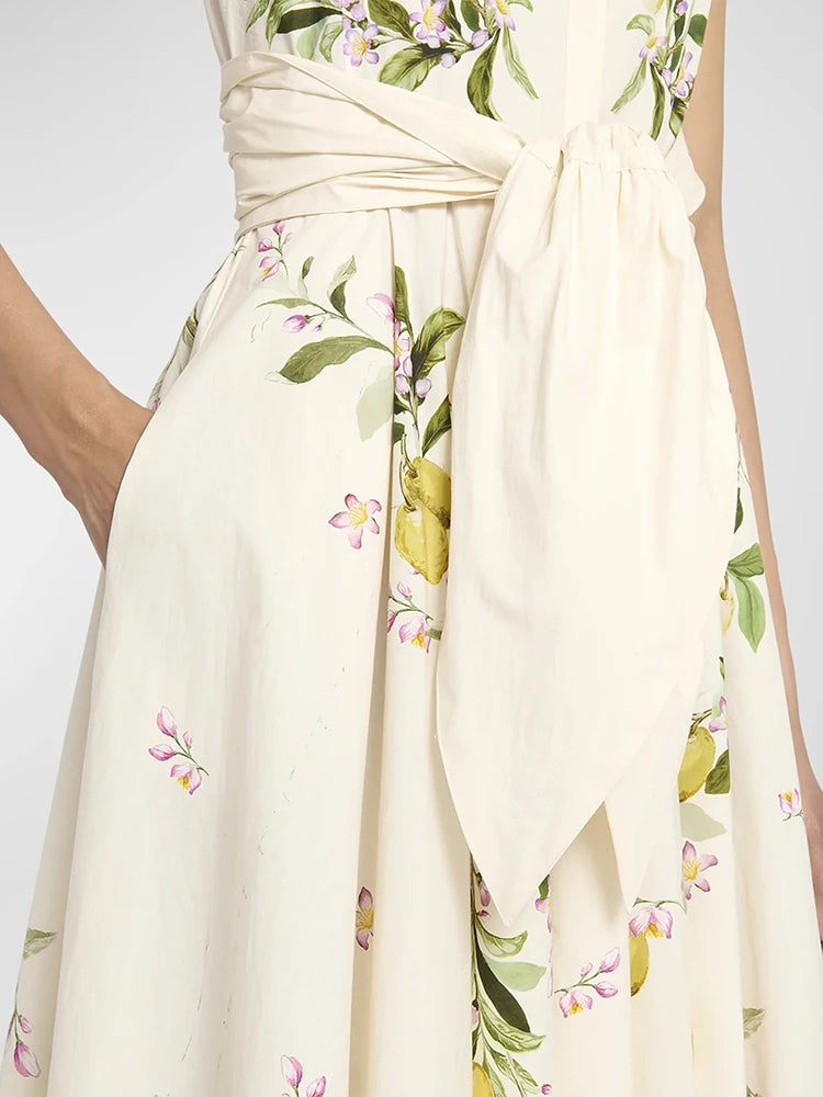 Hit Color Printing Patchwork Belt Dresses For Women Lapel Sleeveless High Waist Spliced Button Long Dress Female Fashion