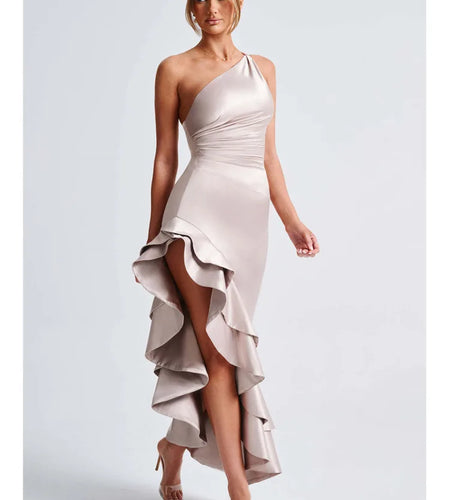 Elegant Satin Sleeveless Bodycon Ruffle Irregular Long Dress Women Sexy Backless Party Evening Dress Autumn New Vestido