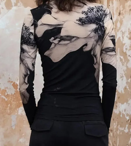 Women Vintage Print T-Shirts High-Neck Long Sleeves Stylish Selection Skinny Women Casual Black Trendy Tops