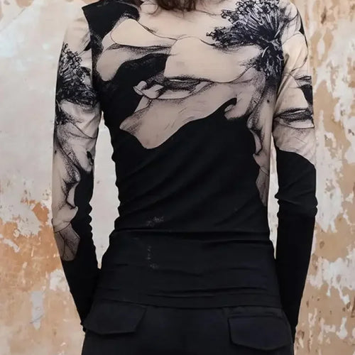 Load image into Gallery viewer, Women Vintage Print T-Shirts High-Neck Long Sleeves Stylish Selection Skinny Women Casual Black Trendy Tops
