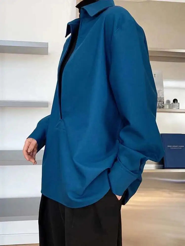 Women White Blue Brief Elegant Big Size Blouse New V-neck Long Sleeve Shirt Fashion Tide Spring Autumn 2025 1DH6648