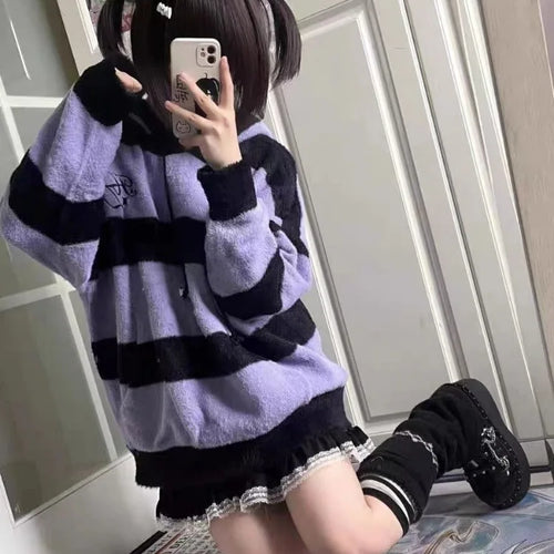 Load image into Gallery viewer, Streetwear Contrast Color Stripe Grunge Sweaters Y2k Aesthetic Loose Casual Pullovers Women Drawstring Hooded Harajuku Jumpers
