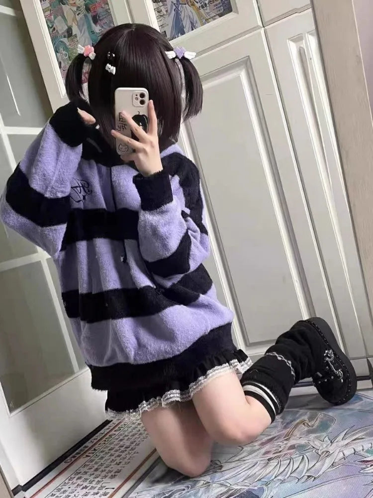 Streetwear Contrast Color Stripe Grunge Sweaters Y2k Aesthetic Loose Casual Pullovers Women Drawstring Hooded Harajuku Jumpers