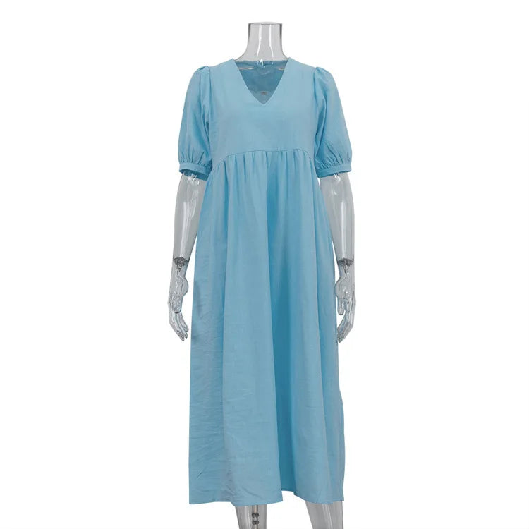 Short Puff Sleeve Maxi Dress For Women Fashion Autumn New Blue V Neck Loose Basic Casual Long Dress Elegant Gown