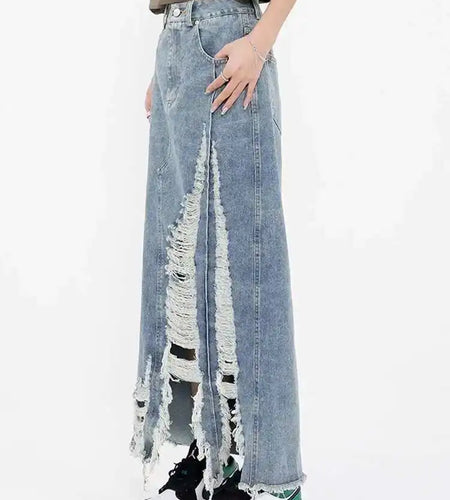 High Waist Blue Denim Holes Irregular Burr Long Casual Half-body Skirt Women Fashion Tide New Spring Autumn 2025 1DF6983