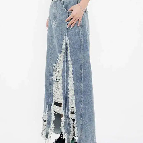 Load image into Gallery viewer, High Waist Blue Denim Holes Irregular Burr Long Casual Half-body Skirt Women Fashion Tide New Spring Autumn 2025 1DF6983

