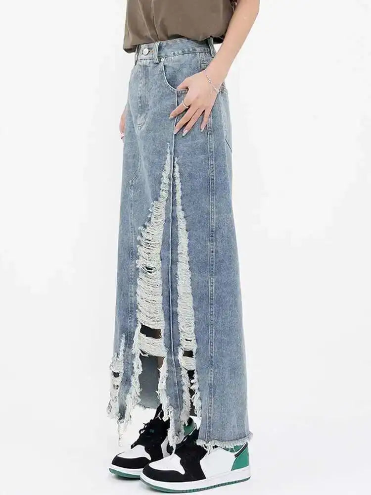 High Waist Blue Denim Holes Irregular Burr Long Casual Half-body Skirt Women Fashion Tide New Spring Autumn 2025 1DF6983