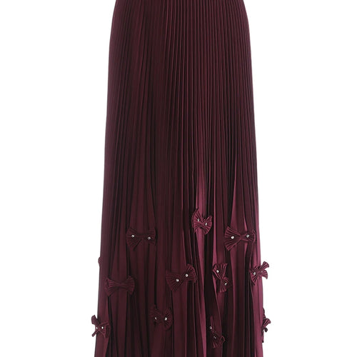 Load image into Gallery viewer, High Elastic Waist Red Bow Rhinestones Pleated A-line Half-body Skirt Women Fashion Tide New Spring Autumn 2025 1DJ1260
