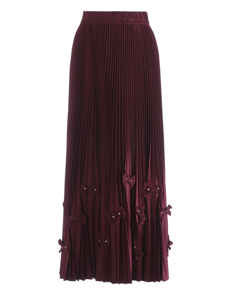 High Elastic Waist Red Bow Rhinestones Pleated A-line Half-body Skirt Women Fashion Tide New Spring Autumn 2025 1DJ1260