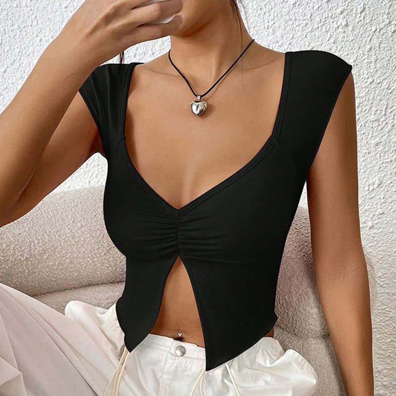 Fashion Skinny Folds Sexy T-shirts Women Split Crop Top Solid Basic Streetwear Mini Tee Shirt Casual Outfits Summer