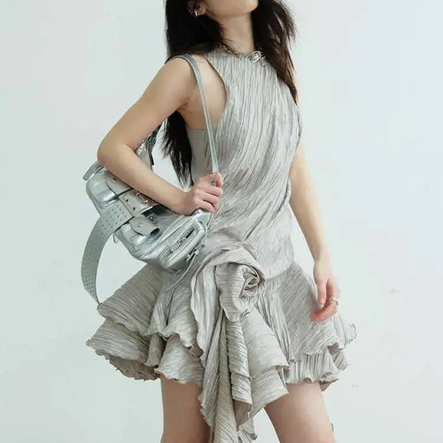 Load image into Gallery viewer, Women Gray Three-dimensional Flower Ruffles Mini Dress New Round Neck Sleeveless Fashion Tide Spring Summer 2025  1DJ0678
