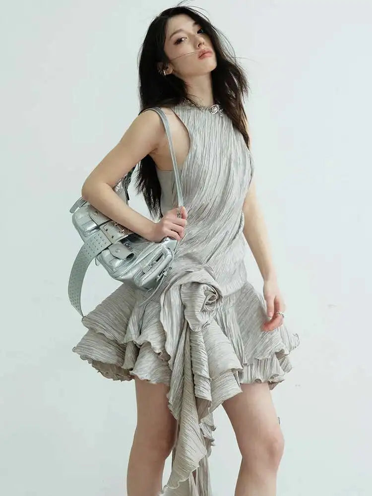 Women Gray Three-dimensional Flower Ruffles Mini Dress New Round Neck Sleeveless Fashion Tide Spring Summer 2025  1DJ0678