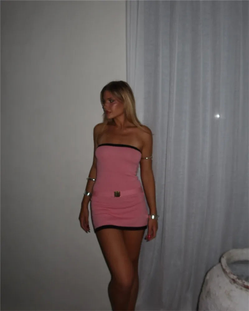 Off-shoulder Strapless Sexy Knit Dress Women Robe Contrast Color Sleeveless Backless Bodycon Beach Mini Dress Knitwear