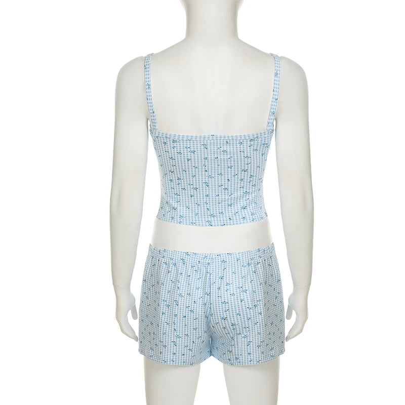 Cutecore Floral Printed Slimming Summer Two Pieces Sets Women's Mini With Buttons Camis +Shorts Casual Homewear Suits