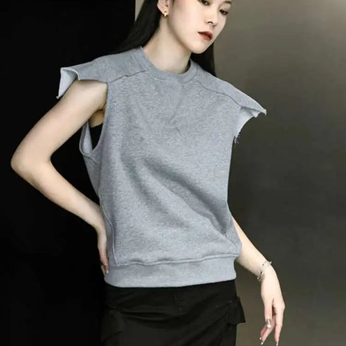 Load image into Gallery viewer, Women Gray Black Shoulder Shaped Casual T-shirt New Round Neck Sleeveless Fashion Tide Spring Summer 2025 1DD9652
