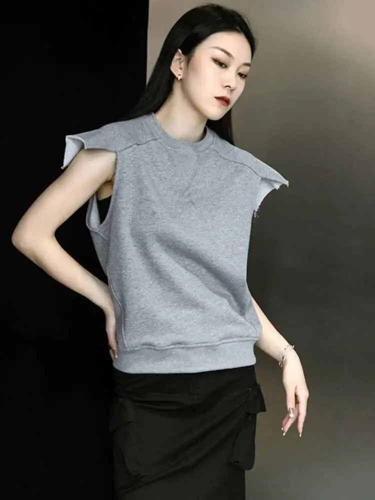 Women Gray Black Shoulder Shaped Casual T-shirt New Round Neck Sleeveless Fashion Tide Spring Summer 2025 1DD9652