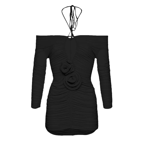 Load image into Gallery viewer, Slimming Sexy Dresses For Women Halter Three Quarter Sleeve Tunic Patchwork Folds Off Shouder Dress Female Clothing
