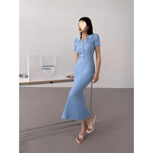 Load image into Gallery viewer, French Fashion Women's Solid Short Sleeved Office Lady Knitted Long Dress Summer Single Breasted Slim Wrap Hip Fishtail Dresses

