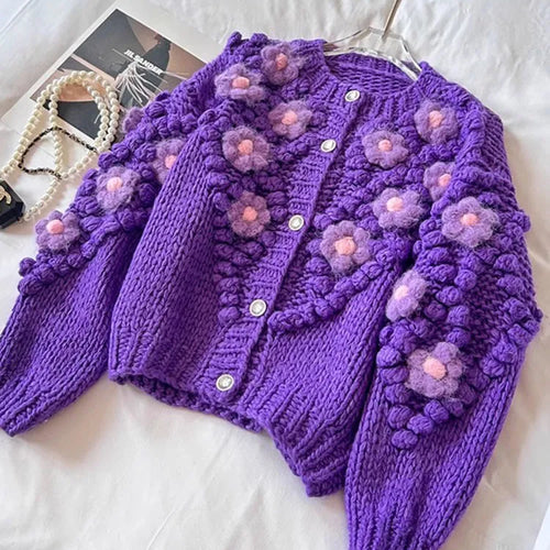 Load image into Gallery viewer, Sweater Women Autumn And Winter New Retro Handmade Sweaters O Neck Fashion Long-sleeve Purple Knitted Cardigan Coat  C-273
