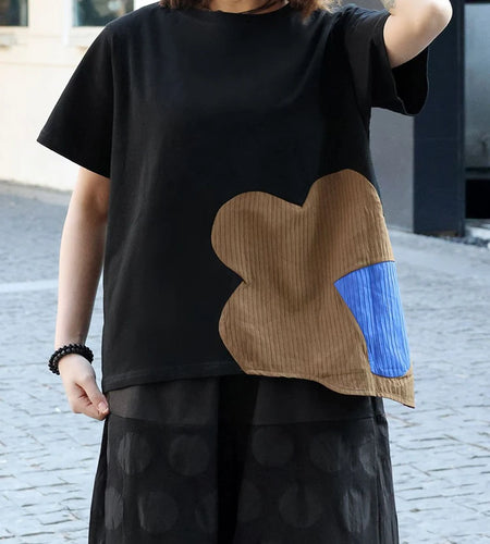 Women Black Color-block Irregular Big Size T-shirt New Round Neck Shorr Sleeve Fashion Tide Spring Summer 2025 1DJ0562