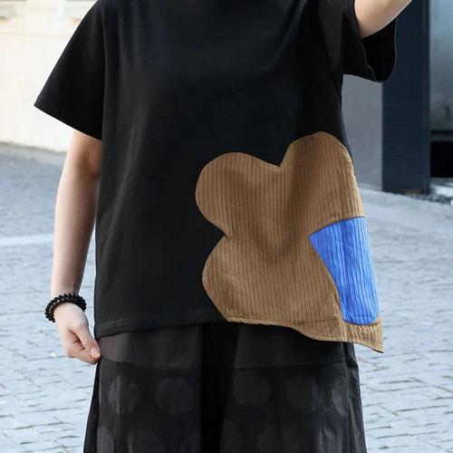 Load image into Gallery viewer, Women Black Color-block Irregular Big Size T-shirt New Round Neck Shorr Sleeve Fashion Tide Spring Summer 2025 1DJ0562
