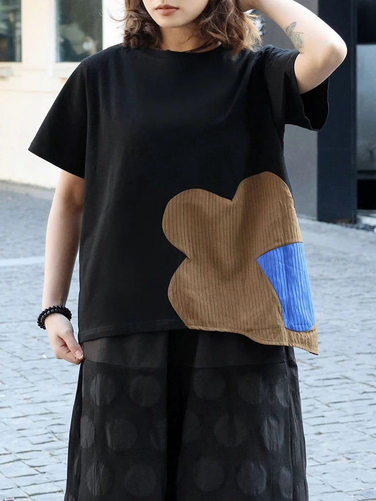 Women Black Color-block Irregular Big Size T-shirt New Round Neck Shorr Sleeve Fashion Tide Spring Summer 2025 1DJ0562