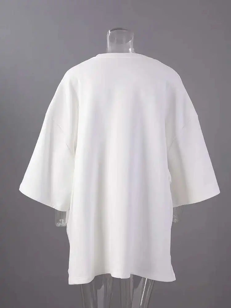 Women Beige Gray Side Slit Big Size Casual T-shirt New Round Neck Half Sleeve Fashion Tide Spring Autumn 2025 1DH6479