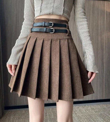 French Fashion Black Beige High Waist Mini Pleated Skirt Women 2024 New Autumn Winter Retro Brown Corduroy Versatile Short Skirt