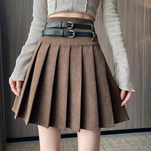 Load image into Gallery viewer, French Fashion Black Beige High Waist Mini Pleated Skirt Women 2024 New Autumn Winter Retro Brown Corduroy Versatile Short Skirt
