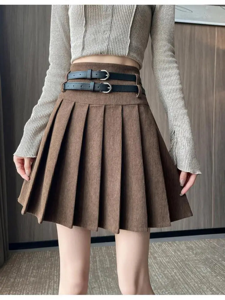 French Fashion Black Beige High Waist Mini Pleated Skirt Women 2024 New Autumn Winter Retro Brown Corduroy Versatile Short Skirt