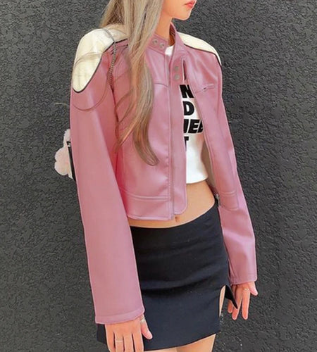Fashion Pink Stripe Spliced Autumn Jacket for Women Zip Up PU Leather Coat Korean Streetwear Winter Jackets Contrast
