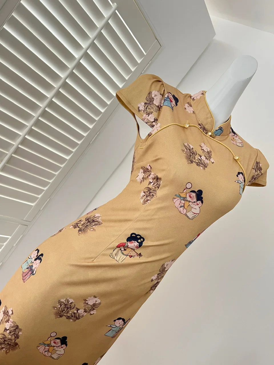 Summer Chinese Style Vintage Fashion Yellow Print Party Long Dress Women Elegant Short Sleeve Dress 2025 New Street Popular Robe