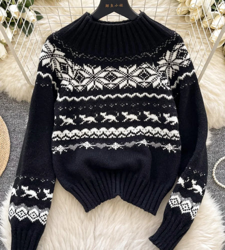 Vintage Fashion Women's Black White Patchwork Loose Pullover Sweater Autumn Winter Casual Round Neck Crochet Knitted Top Popular