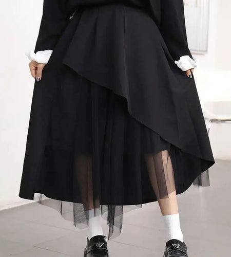 High Elastic Waist Black Mesh Irregular Spliced A-line Half-body Skirt Women Fashion Tide New Spring Autumn 2025 1DJ0611