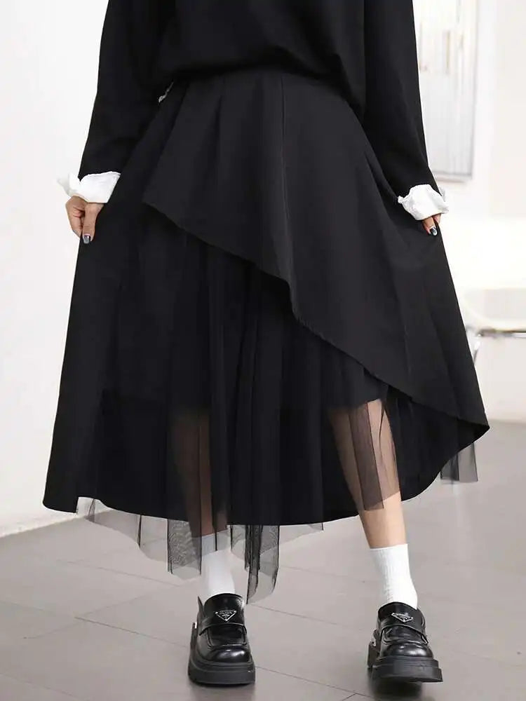 High Elastic Waist Black Mesh Irregular Spliced A-line Half-body Skirt Women Fashion Tide New Spring Autumn 2025 1DJ0611