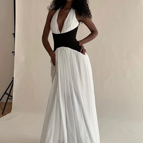 Load image into Gallery viewer, Halter Deep V Neck Backless Sexy Maxi Dress Women Gown Fashion Patchwork Sleeveless High Waist Club Party Long Dress
