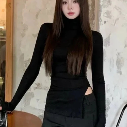 Load image into Gallery viewer, Y2k Irregular Split Knitted Bottoming Tees Harajuku Fashion Diamond Tops High Collar Vintage T-Shirts Streetwear Women Clothing
