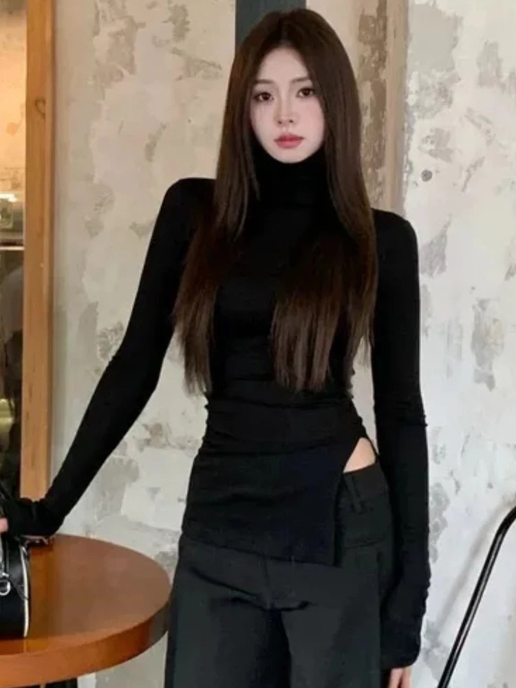 Y2k Irregular Split Knitted Bottoming Tees Harajuku Fashion Diamond Tops High Collar Vintage T-Shirts Streetwear Women Clothing